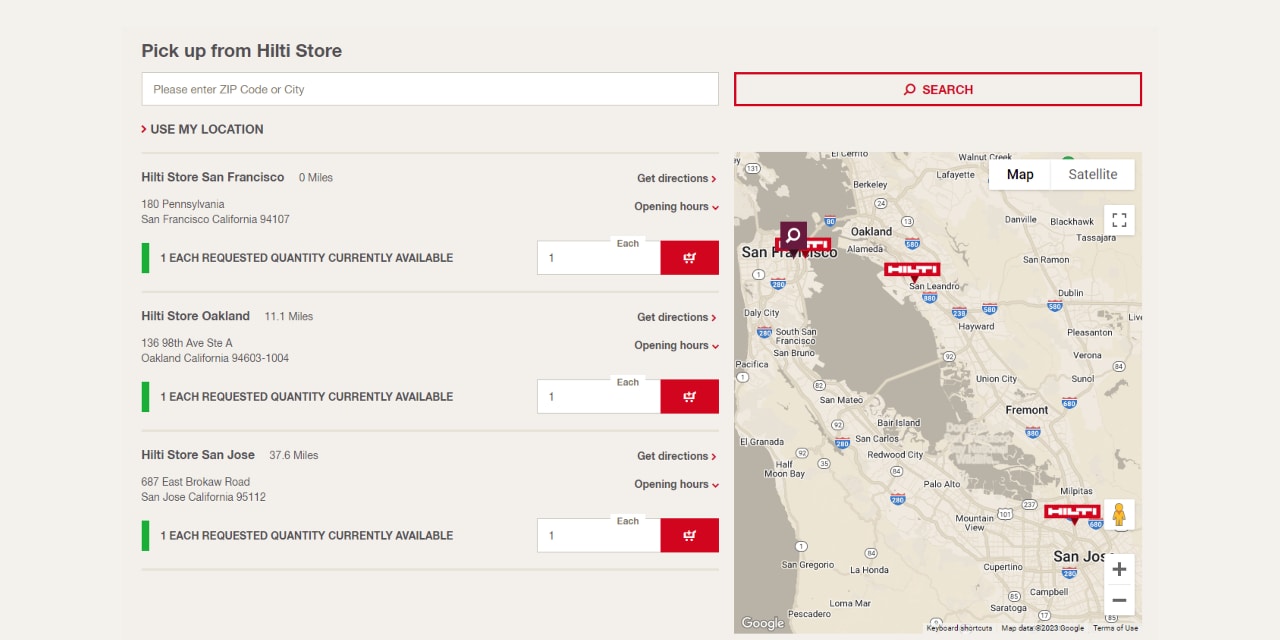 how to check stock for picking up an order at a Hilti store