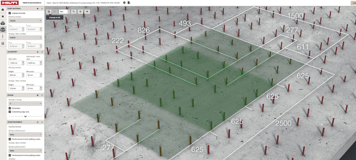 3D Rendering of a concrete overlay application integrated into the Profis Suite Software frame, cropped version. 
