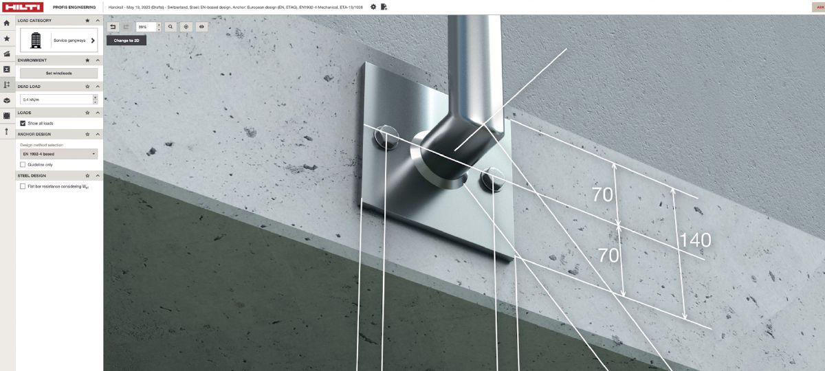 3D Rendering of a handrail application integrated into the Profis Suite Software frame, cropped version. 