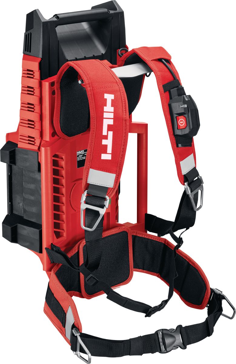 NCV 10-22 concrete vibrator backpack standing up vertically showing the backside and straps.