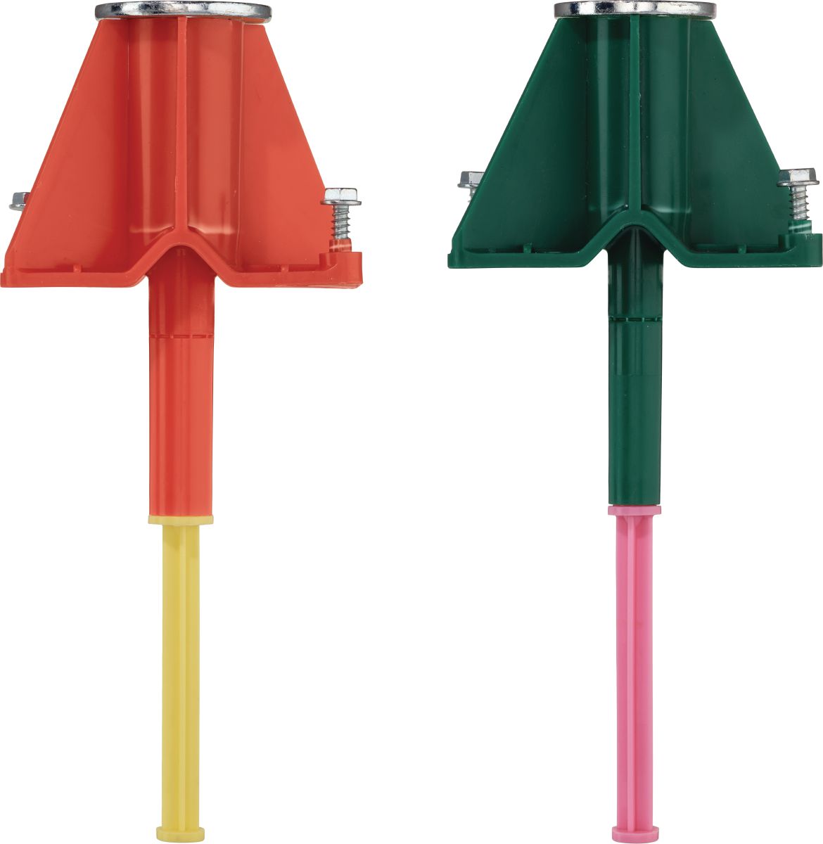 Combination photo of still life of the green and orange KCCM-MD S Kwik-Cast Connect (multi-thread ) cast-in-place anchor, short plate